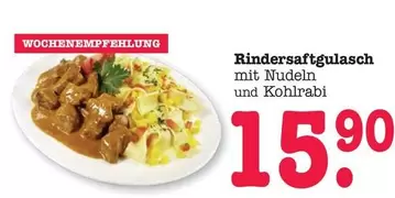 Rindersaftgulasch mit Nudeln und Kohlrabi