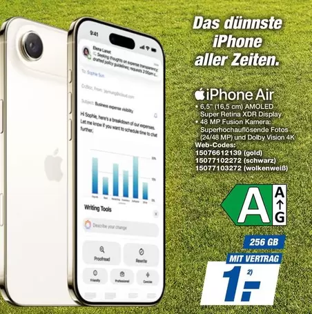 Apple - iPhone Air 6.5" (16,5 cm) AMOLED Super Retina XDR Display 48 MP Fusion Kamera, Superauflösende Fotos (24/48 MP) und Dolby Vision 4K Web-Codes: 15076612139 (gold), 15077102272 (schwarz), 15077103272 (wolkenweiß)