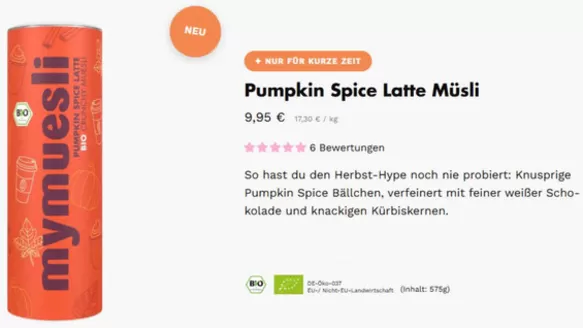 mymuesli Katalog | Pumpkin Spice Latte Musli | 2026-09-16T00:00:00.000Z - 2026-10-02T00:00:00.000Z