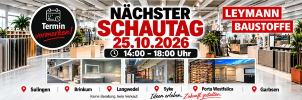 Leymann Baustoffe Katalog in Bohmte | Nachster Schautag | 2026-10-09T00:00:00.000Z - 2026-10-25T00:00:00.000Z