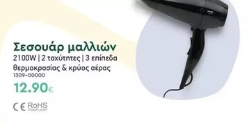 Σεσουάρ μαλλιών 2100W | 2 ταχύτητες | 3 επίπεδα θερμοκρασίας & κρύος αέρας 1309-00000