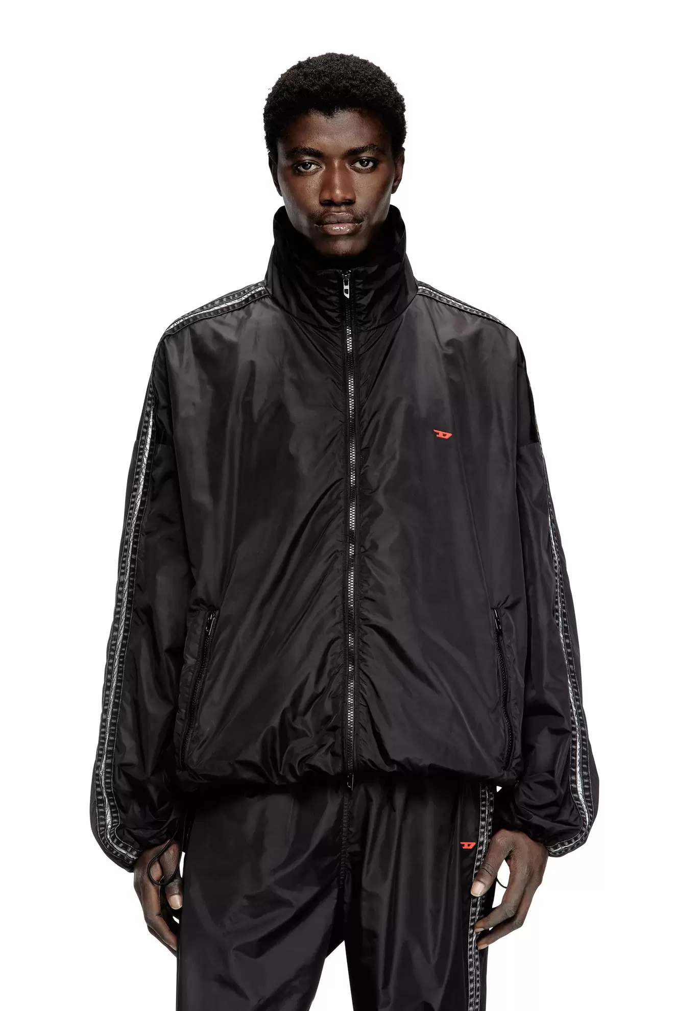 Nylon track jacket with denim bands