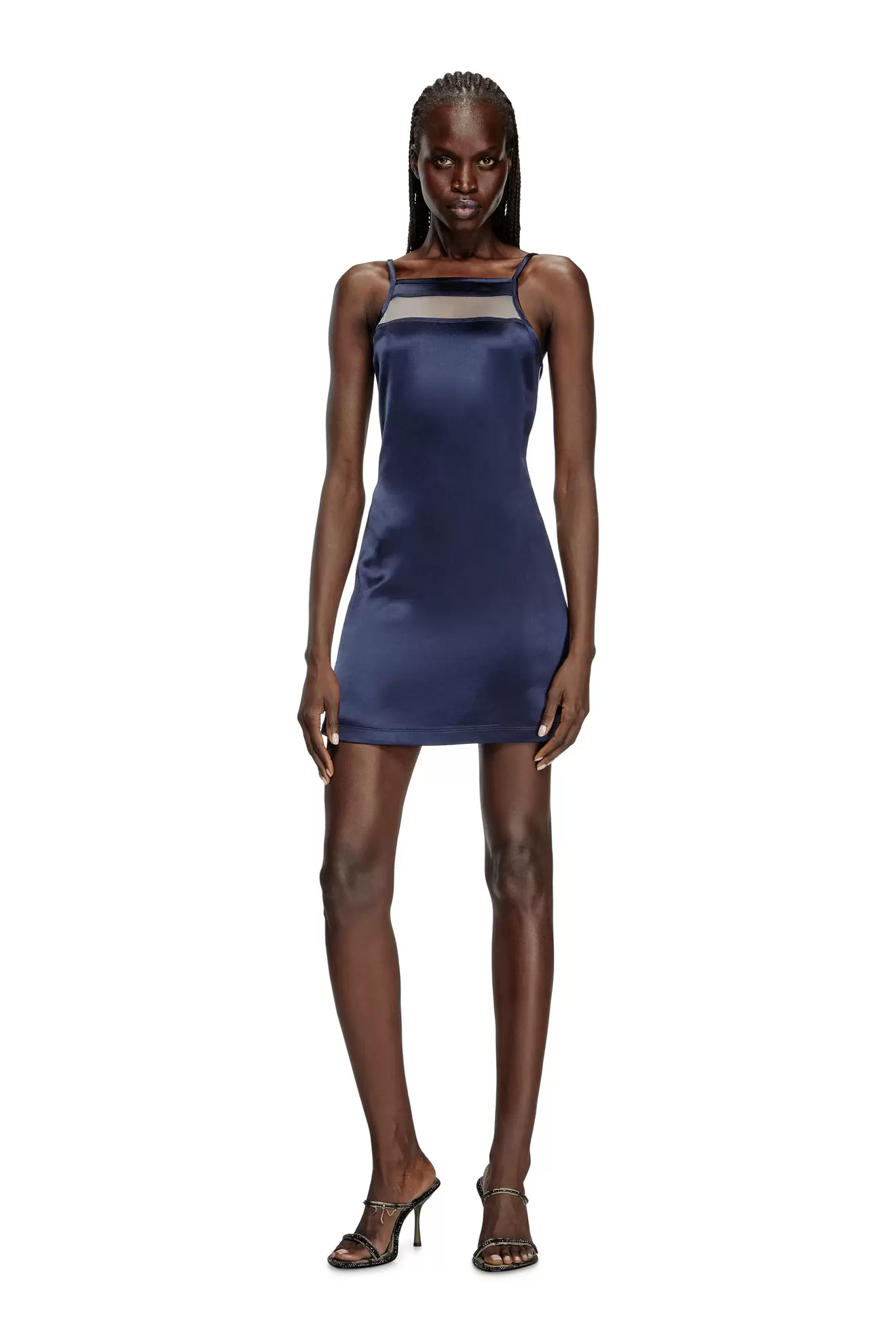 Short dress in satin, knit and tulle