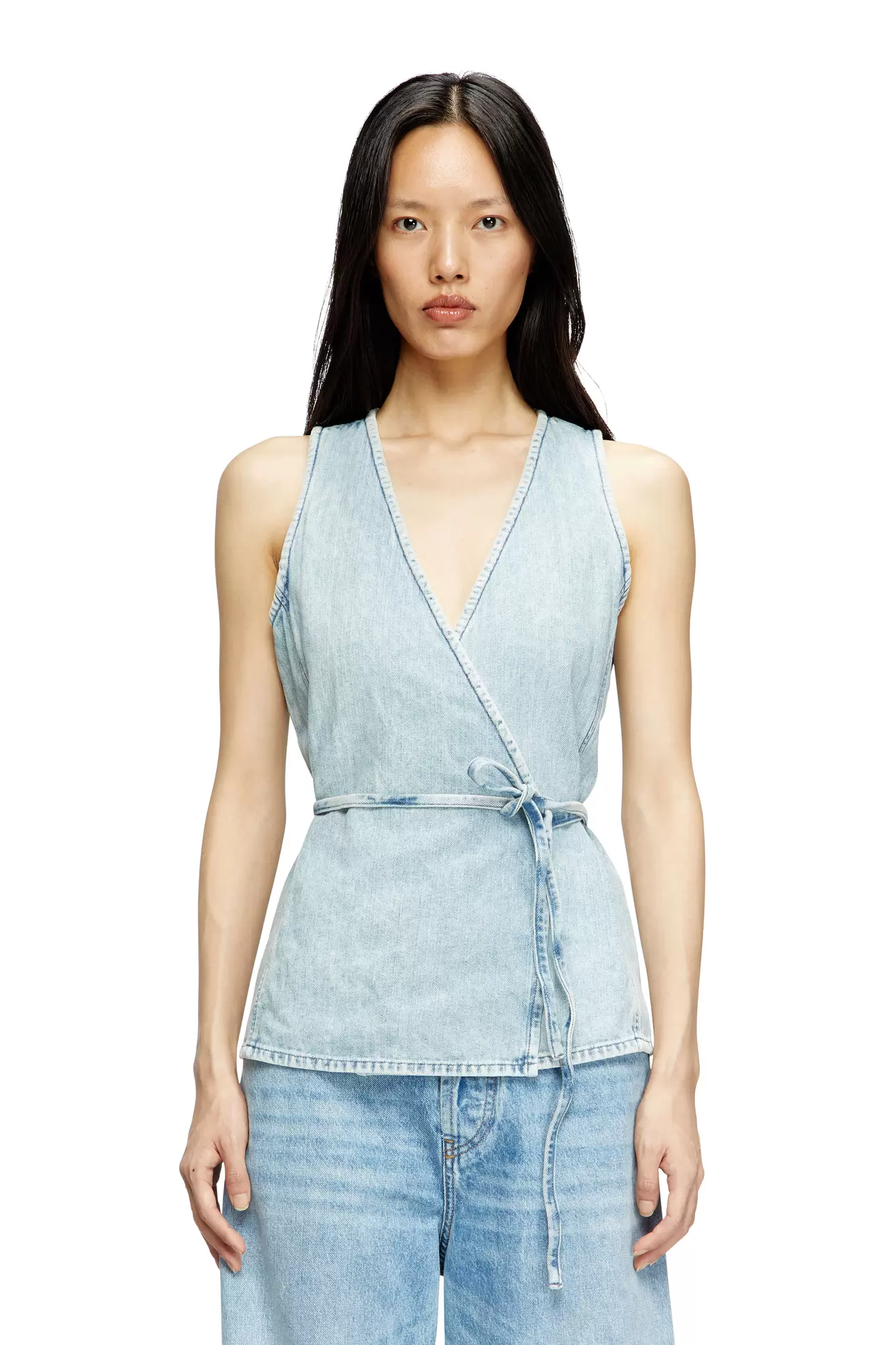 Wrap top in herringbone denim