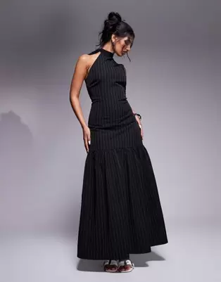 Kaiia exclusive tie halterneck dropped hem maxi dress in black pinstripe