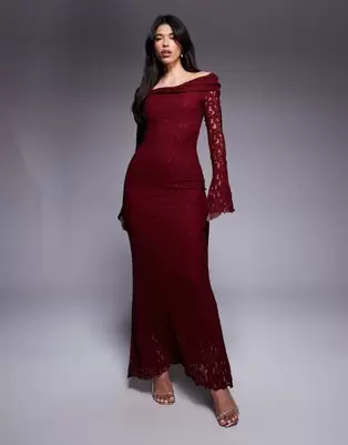 ASOS DESIGN textured lace bardot maxi dress in dark cherry
