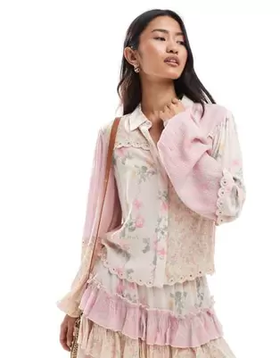 Miss Selfridge mix match print woven shirt in pink ditsy print
