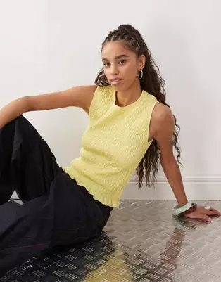 Monki smock shirred sleeveless tank with frill edge in yellow