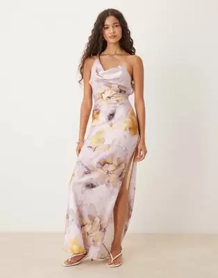 ASOS DESIGN satin asymmetric strap midaxi dress with split in overblown floral