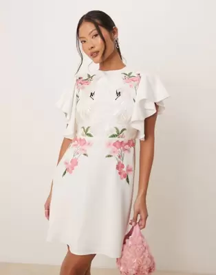 Hope & Ivy Petite swan embellished open back mini dress in ivory