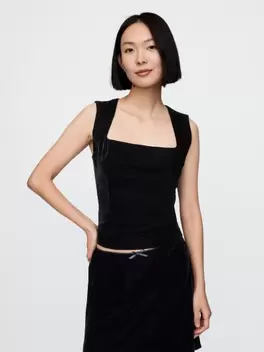 Μαύρο Ανακυκλωμένο Velvet Square-Neck Cropped Τοπ