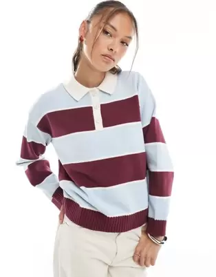 Cotton On long sleeve polo top in sour cherry stripe