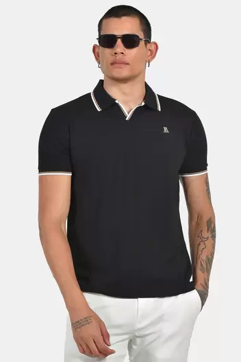 Ανδρική Polo Μπλούζα Με Αντίθεση Σε Γιακά & Μανίκια - ΜΑΥΡΟ