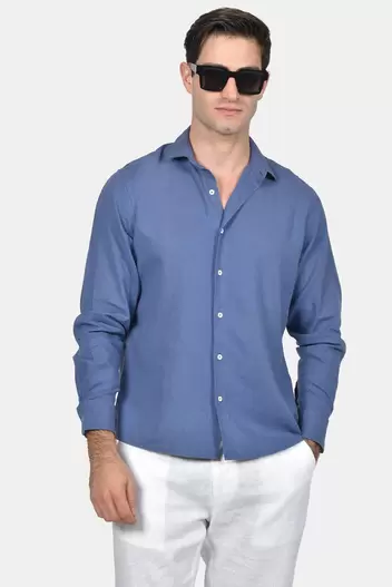 Ανδρικό Λινό Μαύρο Πουκάμισο Normal Fit - NAVY