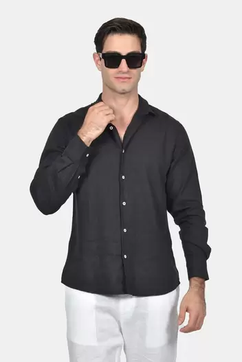 Ανδρικό Λινό Μαύρο Πουκάμισο Normal Fit - ΜΑΥΡΟ