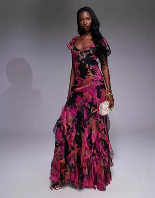 ASOS DESIGN flutter sleeve maxi dress with ruffle godets in dark floral print