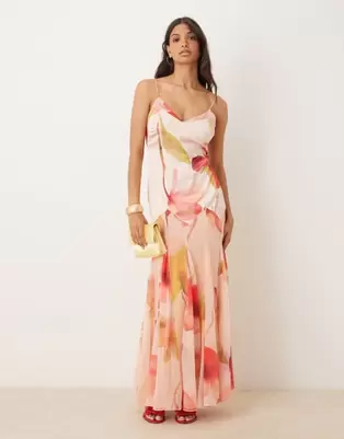 ASOS DESIGN dropped waist satin and chiffon mix maxi dress with full godet skirt in pink floral print
