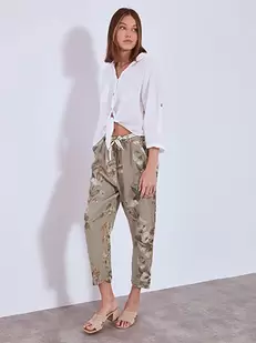 Trousers linen floral with belt
