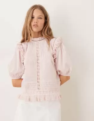 ASOS DESIGN lace and ruffle insert short sleeve top in pink