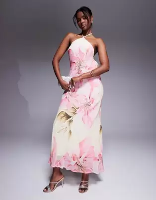 River Island floral halterneck maxi dress with embellished detail in yellow