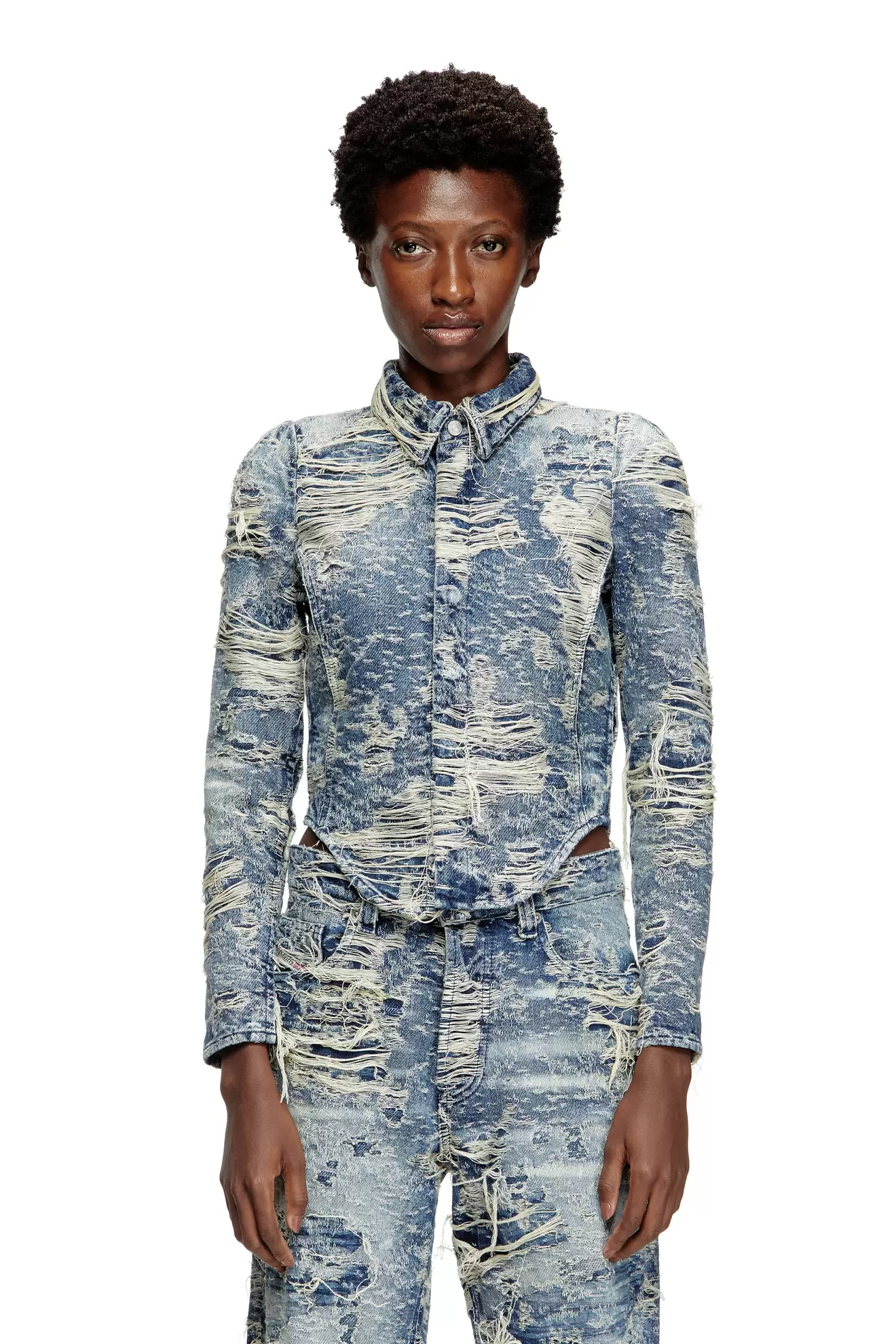 Shirt in jacquard denim with floating threads