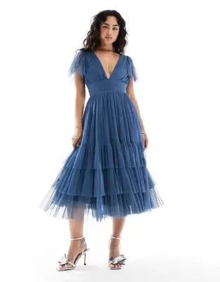 Lace & Beads Bridesmaid Madison midi dress in deep blue
