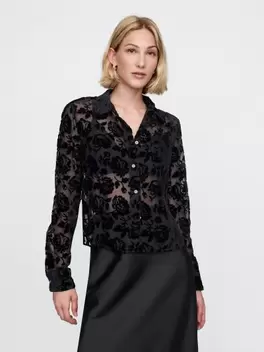 Μαύρο Cropped Velvet Πουκάμισο