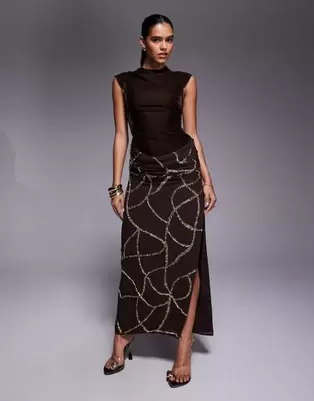 ASOS DESIGN velvet fitted bodice dress with draped embellished skirt overlay in chocolate