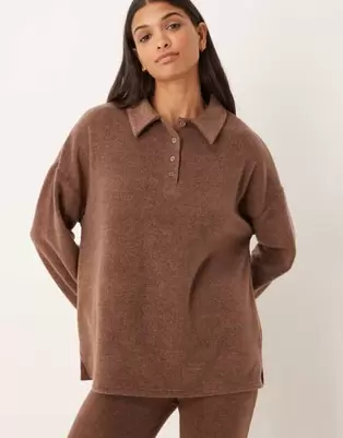 ASOS DESIGN mix & match lightweight fleece collared sweater in chocolate brown
