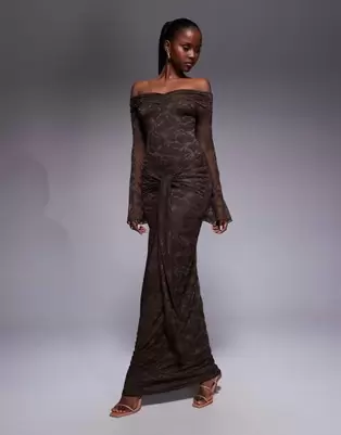 Kaiia exclusive double layered slinky lace bardot flare sleeve tie waist drape detail maxi dress in chocolate
