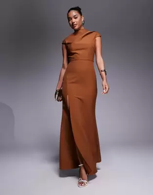 Jarlo high neck maxi dress with thigh split in chocolate
