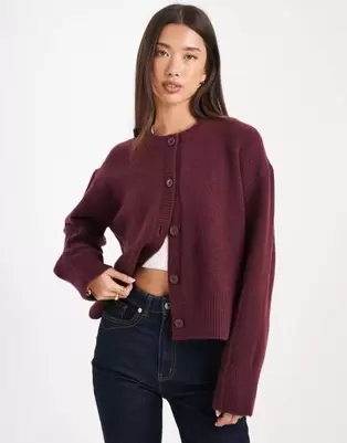 ASOS DESIGN boxy crew neck cardigan with side split detail in plum