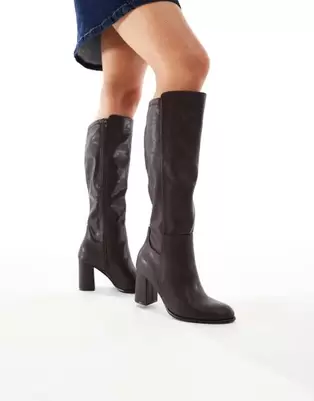 New Look Wide Fit heeled knee boot in burgundy