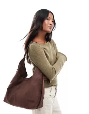 PASQfaux suede slouch tote bag with strap detail in brown
