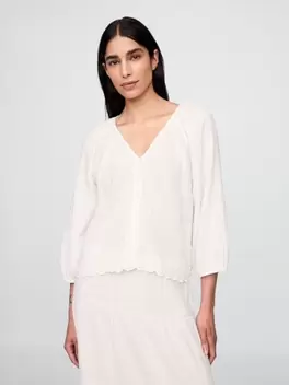 Μπλούζα με V Λαιμόκοψη και Κέντημα από Βαμβακερή Γάζα