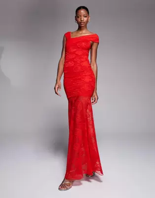 Kaiia exclusive double layered slinky lace asymmetric one shoulder sheer hem maxi dress in red