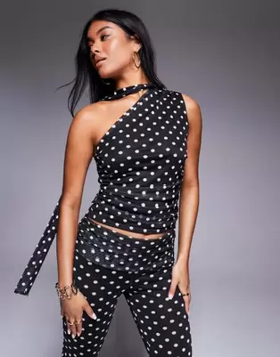 Kaiia exclusive double layered slinky mesh one shoulder scarf detail top co-ord in mono polka dot
