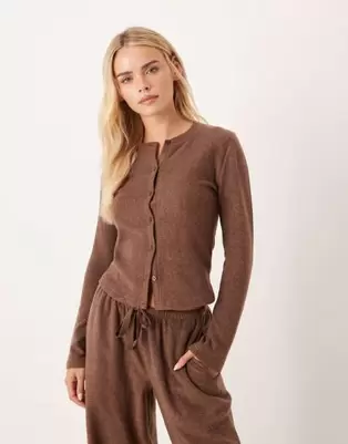 ASOS DESIGN Petite mix & match lightweight fleece cardigan in chocolate brown
