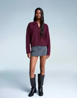 Bershka Polo collar sweater in burgundy