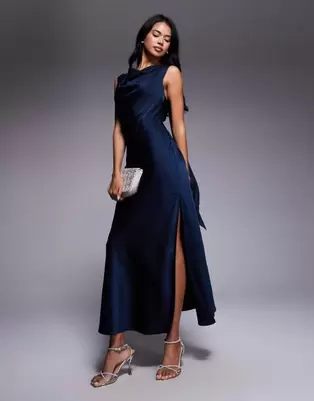 ASOS DESIGN satin drape neckline midi dress with long tie back detail and split in navy