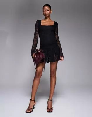 Kaiia exclusive double layered slinky lace square neck godet hem detail mini dress in black