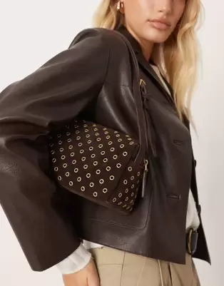 Mango suede eyelet small shoulder bag in dark brown