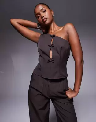 Kaiia exclusive cut out bow detail one shoulder top co-ord in chocolate brown