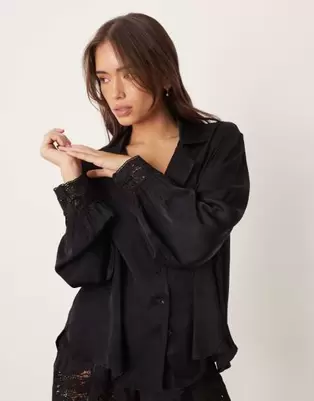 Free People midnight muse satin sleep shirt co-ord in black