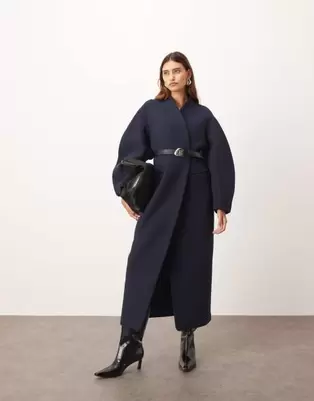 ARRANGE wool mix cinched waist ovoid sleeve coat in navy