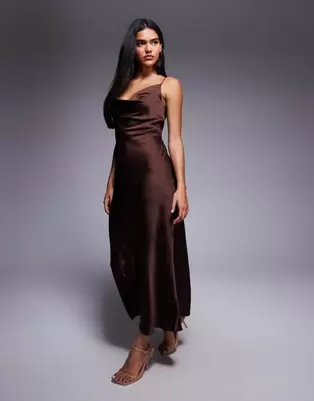 New Look satin cowl neck midi dress in brown