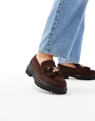 SEQWL Wide Fit Jeep chunky tassel loafers in suedette chocolate