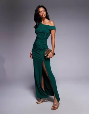 TFNC Petite one shoulder midaxi dress with thigh split in emerald