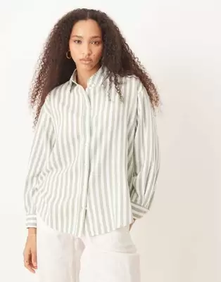 Stradivarius linen look long sleeve shirt in light green stripe