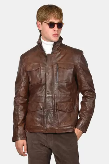 Ανδρικό Δερμάτινο Μπουφάν Με Πολλαπλές Τσέπες - ΚΑΦΕ Ανδρικό Δερμάτινο Μπουφάν Με Πολλαπλές Τσέπες - ΚΑΦΕ